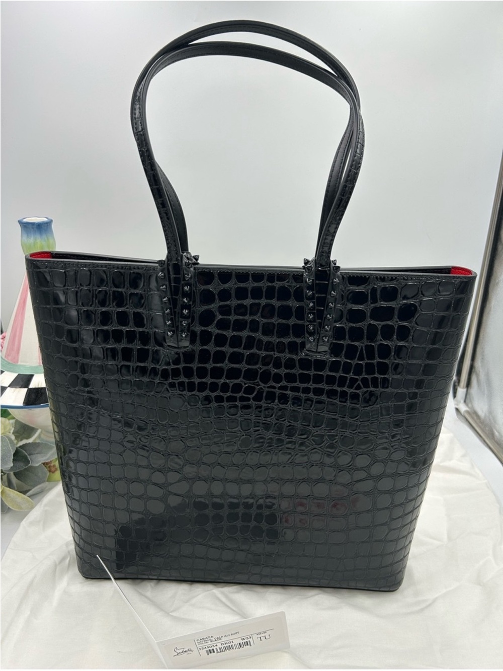 Christian Louboutin Black Croc-Embossed Tote with Red Interior Accent